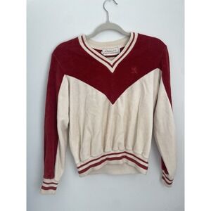 Vintage‎ Adolfo Varsity Velvet Red Beige Henley V Neck Sweater Small